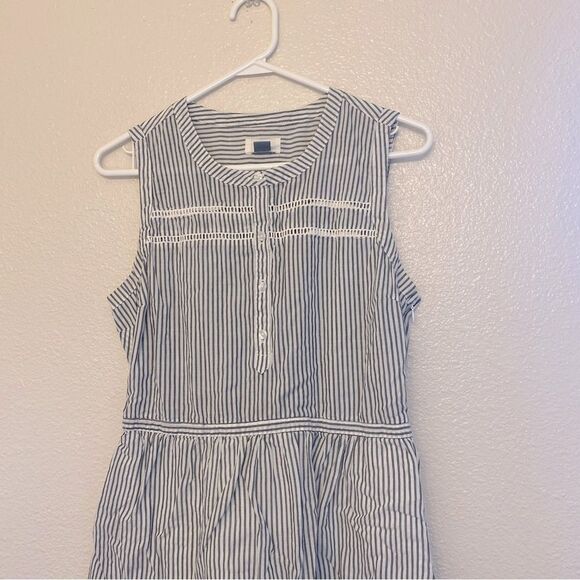 Old Navy Blue pin Stripe sleeveless Shirt Dress ruffle old money coastal Beach M - Picture 2 of 11
